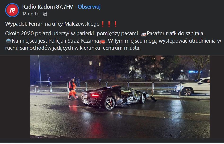 Wypadek sportowego Ferrari w Radomiu. Auto za 2 mln złotych rozbite