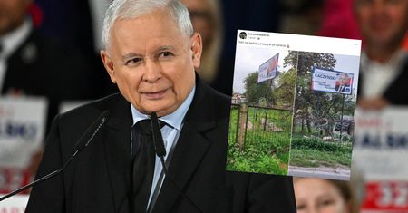 Tak "chronią" billboard Jarosława Kaczyńskiego. Dobrze się przypatrzcie