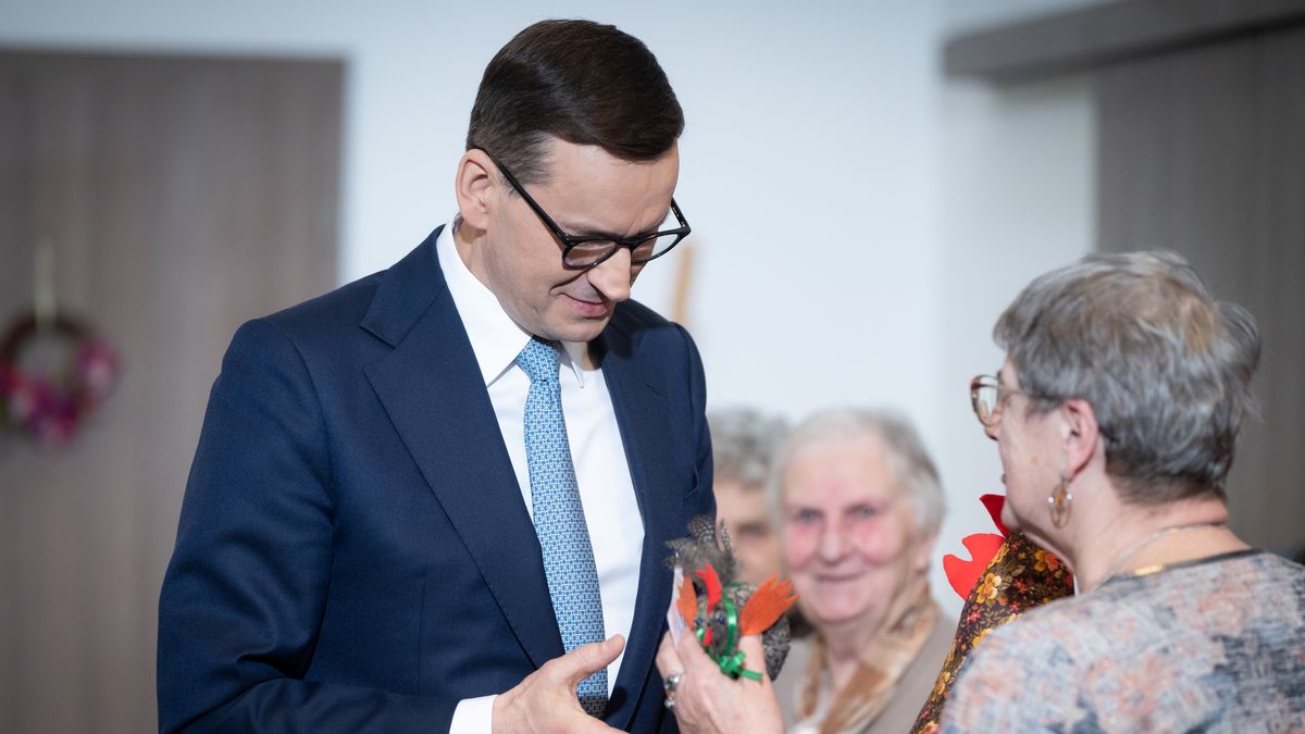 Polish Prime Minister Mateusz Morawiecki met with the seniors at Daily Retirement Home in Wola Karczewska, Poland on April 6,  2022 (Photo by Mateusz Wlodarczyk/NurPhoto via Getty Images)