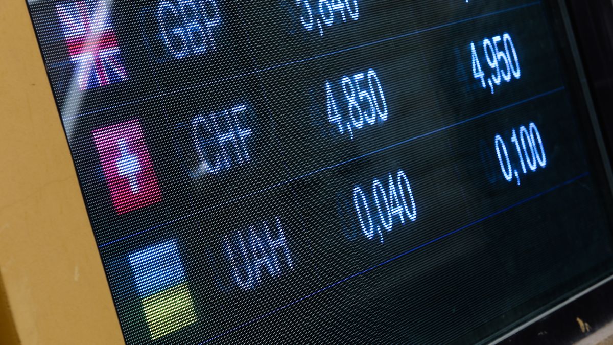British pound, Ukrainian hryvnia and Swiss franc prices are seen on the board in the currency exchange in Przemysl, Poland on March 5, 2022. (Photo by Jakub Porzycki/NurPhoto via Getty Images)