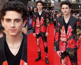 Nieśmiały Timothee Chalamet pozuje w drogim garniturze w kwiatki