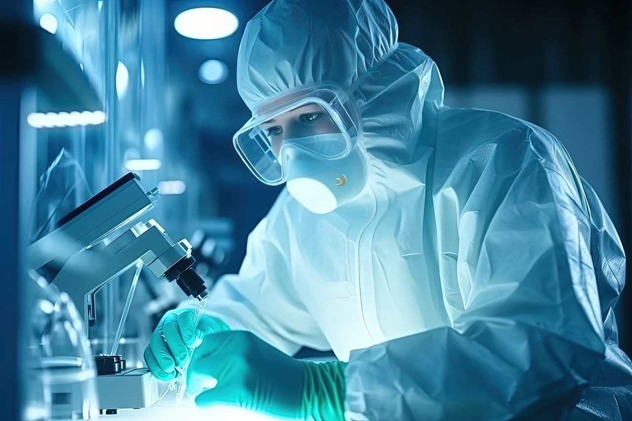 A researcher in a protective mask working in a laboratory.