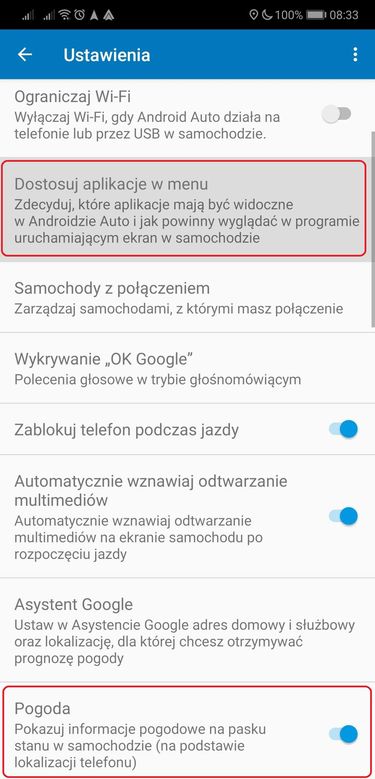 W ustawieniach Androida Auto można już zdecydować o Pogodzie i ikonach w menu głównym.