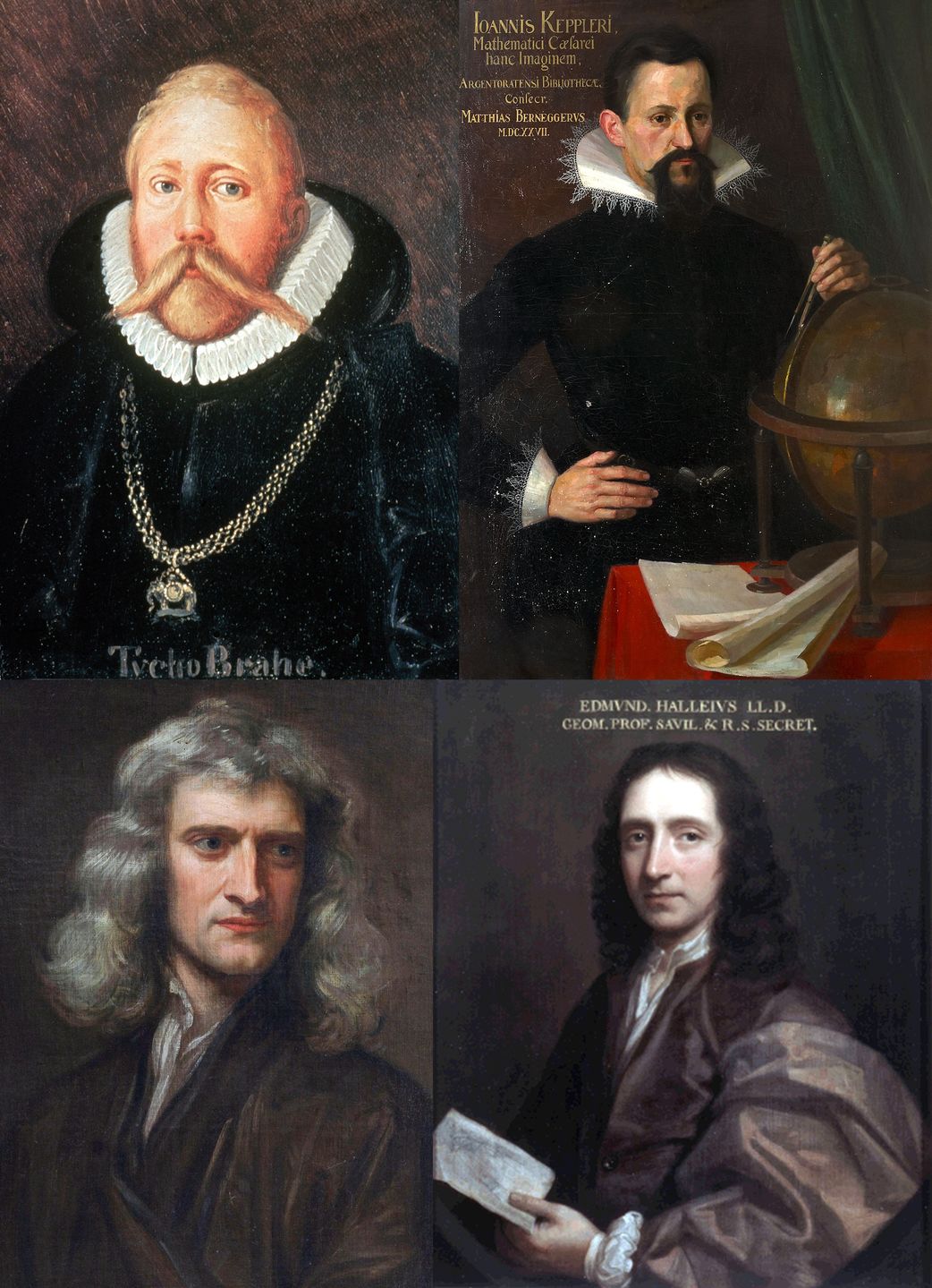 Tycho Brahe, Jan Kepler, Isaac Newton i Edmund Halley.