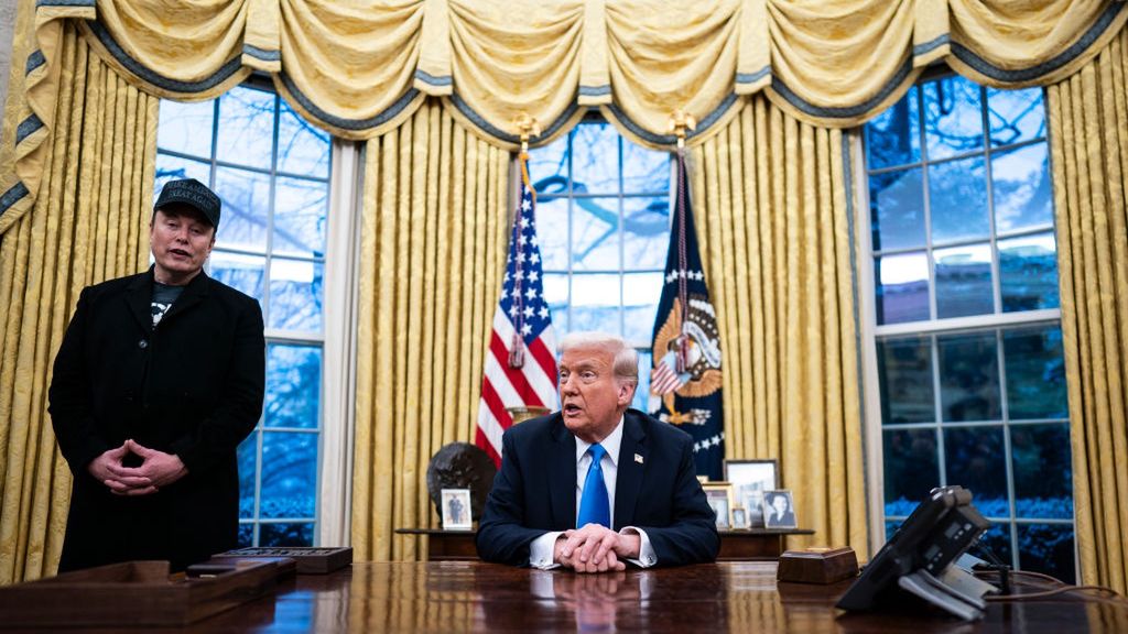 Trump White Hosue
Washington, DC - February 11 : Elon Musk speaks with President Donald J Trump and reporters in the Oval Office at the White House on Tuesday, Feb 11, 2025 in Washington, DC. (Photo by Jabin Botsford/The Washington Post via Getty Images)
The Washington Post