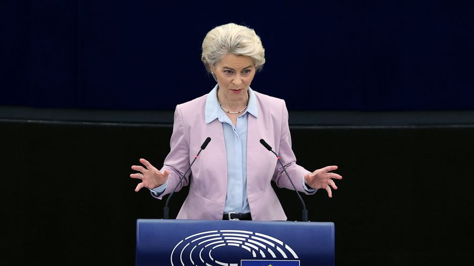 STRASBOURG, FRANCE - OCTOBER 19: President of the European Commission Ursula von der Leyen speaks during the European Parliament plenary session in Strasbourg, France on October 19, 2022. (Photo by Dursun Aydemir/Anadolu Agency via Getty Images)