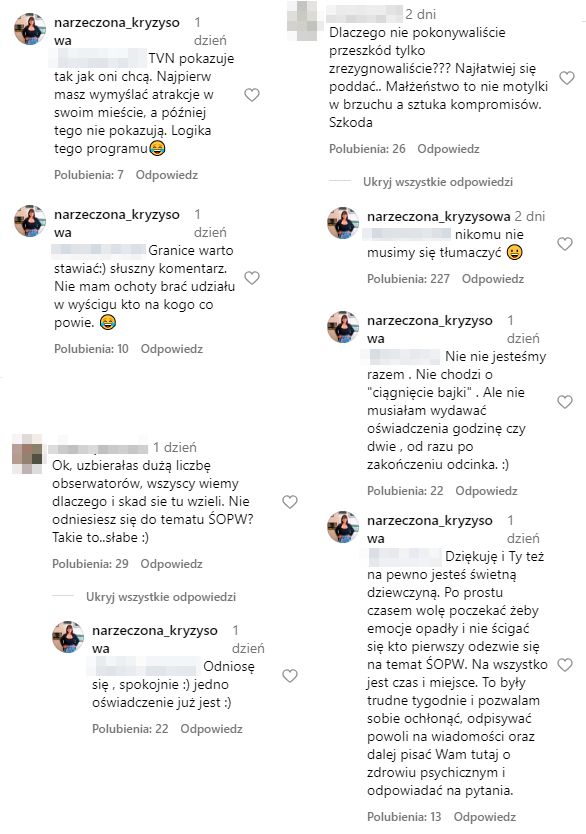 Komentarze Magdy pod postem na jej profilu