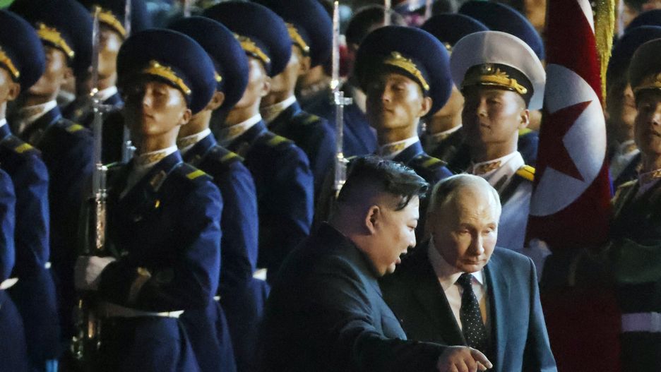 PYONGYANG, NORTH KOREA- JUNE 19 (RUSSIA OUT) Russia's President Vladimir Putin (R) and North Korean Supreme Leader Kim Jong Un (C) attend a departure ceremony at the airport after Russian-North Korean talks,  June 19, 2024, in Pyongyang, North Korea. Russian President Vladimir Putin is in North Korea for a two-day diplomatic visit. (Photo by Contributor/Getty Images)