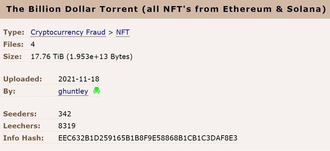 The Billion Dollar Torrent zawierający wszystkie NFT z blockchainów Ethereum i Solana.