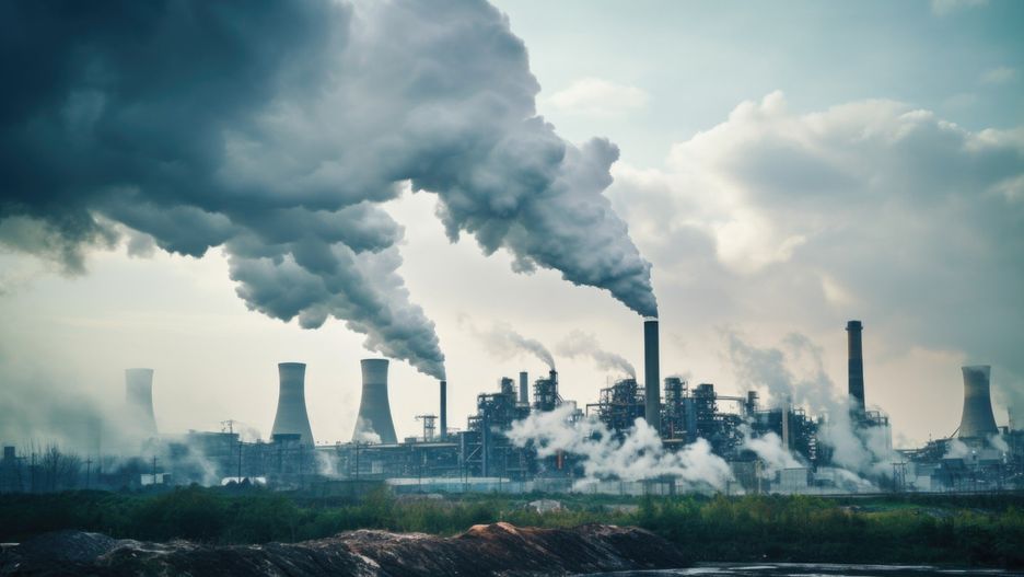 Pollution in the air from a factory, AI