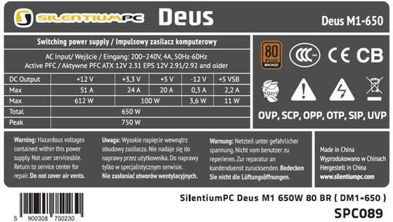 SilentiumPC Deus M1 650 W zasilacz tabliczka znamionowa