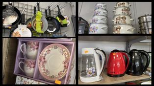 Patelnie, garnki, filiżanki, zestawy obiadowe i inne kuchenne akcesoria na kieleckich bazarach