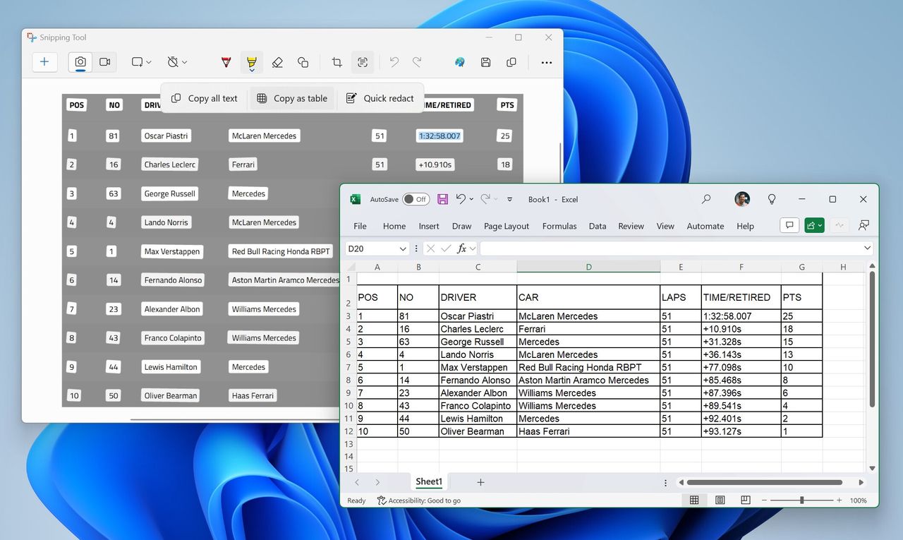 New table recognition option in Snipping Tool