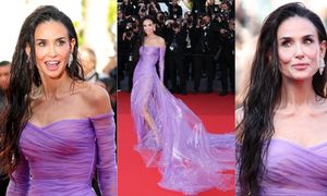 Odchudzona Demi Moore pląsa po czerwonym dywanie w lawendowej kiecce (ZDJĘCIA)