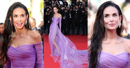Odchudzona Demi Moore pląsa po czerwonym dywanie w lawendowej kiecce (ZDJĘCIA)