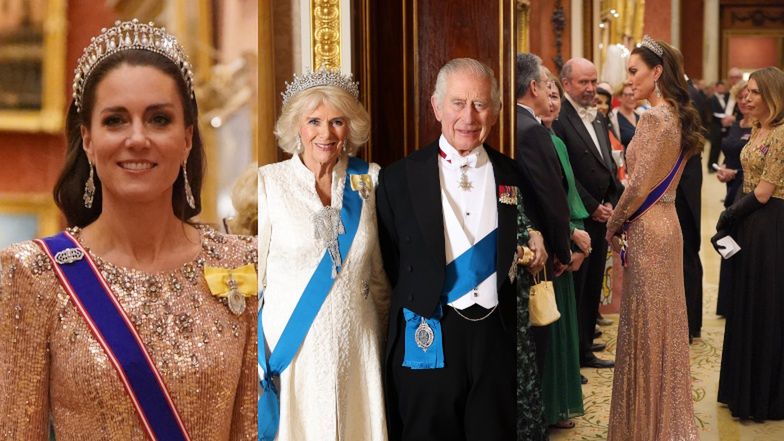 Kate Middleton ZACHWYCA w kryształowej sukni na bankiecie w Pałacu Buckingham. Windsorowie trzymają wspólny front po rasistowskim "skandalu" (ZDJĘCIA)