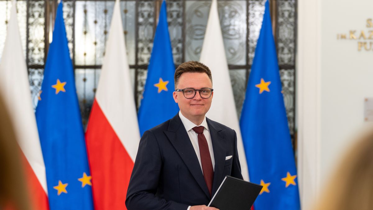 WARSAW, POLAND - 2024/04/10: Szymon Holownia, Marshal of the Sejm, talks to the press during the 9th session of the Polish Parliament. During this parliament session, the parliament discussed the right to legalize abortion. This issue of abortion gained attention following the series of Women's Strike (Strajk Kobiet) protests in Poland from 2020 to 2021. The protests were in response to government regulations that significantly restricted abortion rights, making almost all cases of abortion illegal, even in situations involving severe fetal disabilities or life-threatening diseases. (Photo by Marek Antoni Iwanczuk/SOPA Images/LightRocket via Getty Images)
