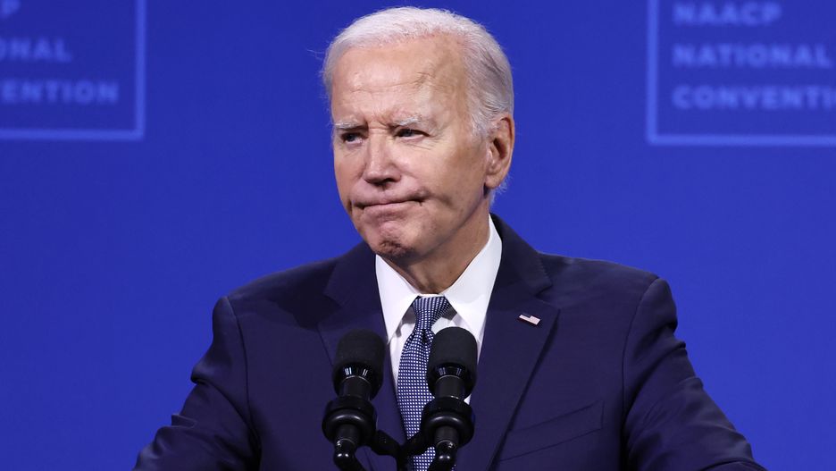 LAS VEGAS, NEVADA - JULY 16:  U.S. President Joe Biden pauses while speaking at the 115th NAACP National Convention at the Mandalay Bay Convention Center on July 16, 2024 in Las Vegas, Nevada. Biden is returning to the campaign trail delivering remarks at the NAACP National Convention today and the UnidosUS Annual Conference tomorrow during a visit to the battleground state of Nevada. (Photo by Mario Tama/Getty Images)
