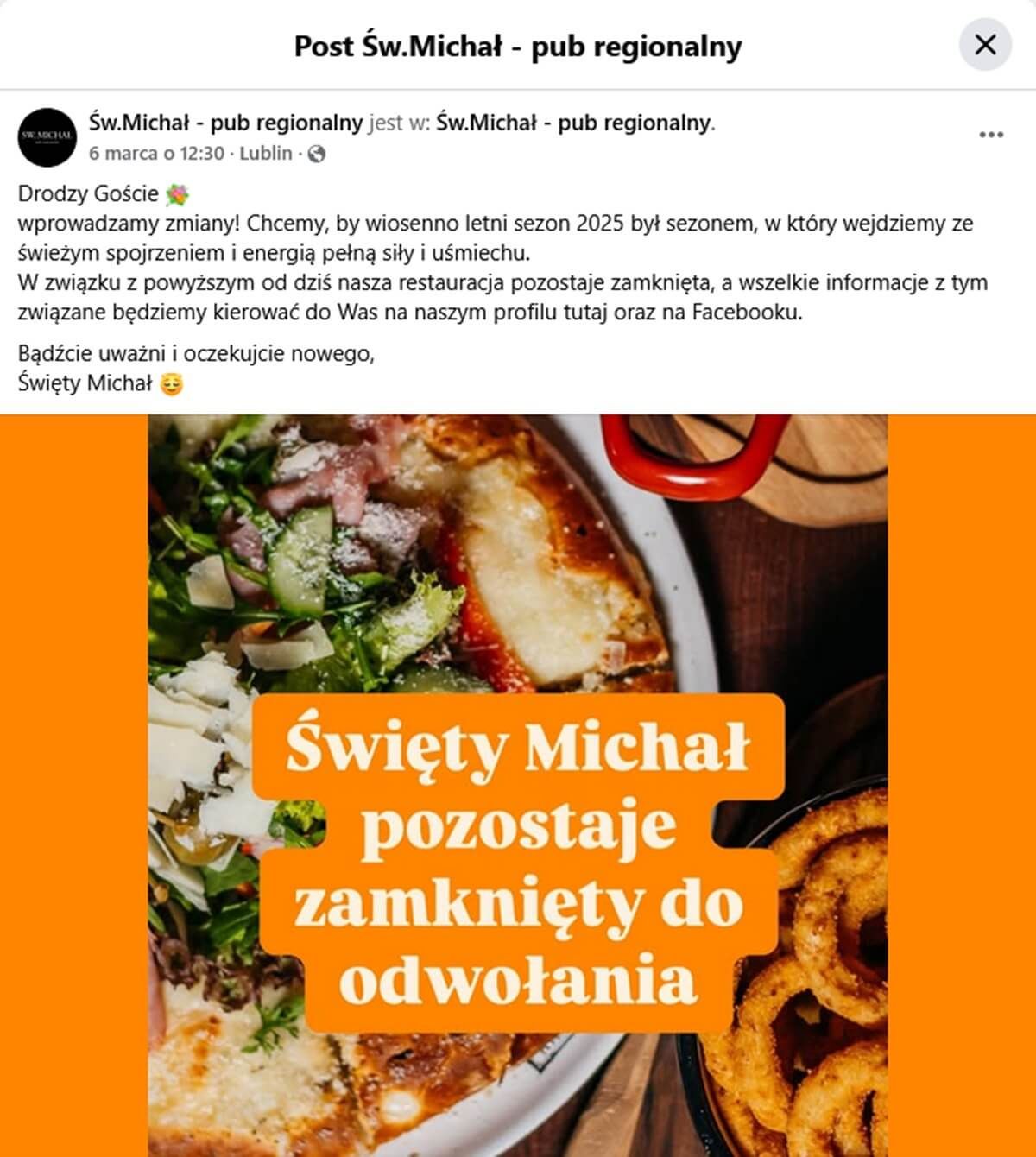 Informacja o zamknięciu do odwołania restauracji Św. Michał na Facebooku