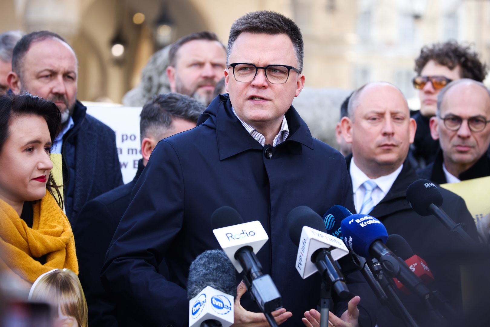Szymon Holownia, Marshal of the Sejm of the, Republic of Poland and presidential candidate in the upcoming election attends a press conference at the Main Square in Krakow, Poland o April 7th, 2025. (Photo by Beata Zawrzel/NurPhoto via Getty Images)