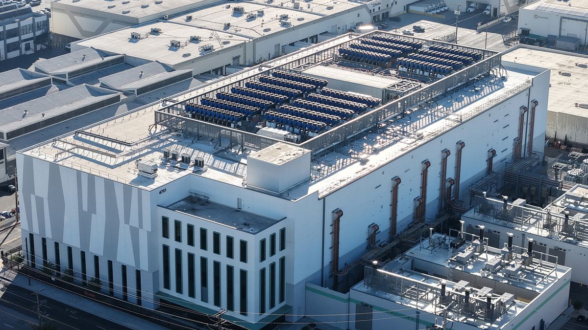 VERNON, CALIFORNIA - OCTOBER 20: An aerial view of a 33 megawatt data center with closed-loop cooling system on October 20, 2025 in Vernon, California. A surge in demand for AI infrastructure is fueling a boom in data centers across the country and around the globe.  (Photo by Mario Tama/Getty Images)