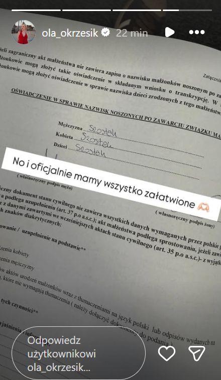 Ola Okrzesik pokazała urzędowe dokumenty