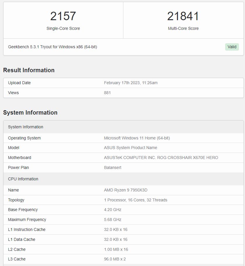 Wydajność procesora AMD Ryzen 9 7950X3D w benchmarku Geekbench 5