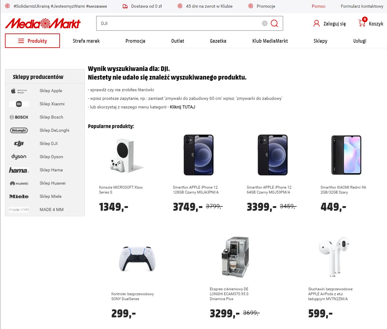 Brak produktów na stronie MediaMarkt po wpisaniu frazy "DJI".