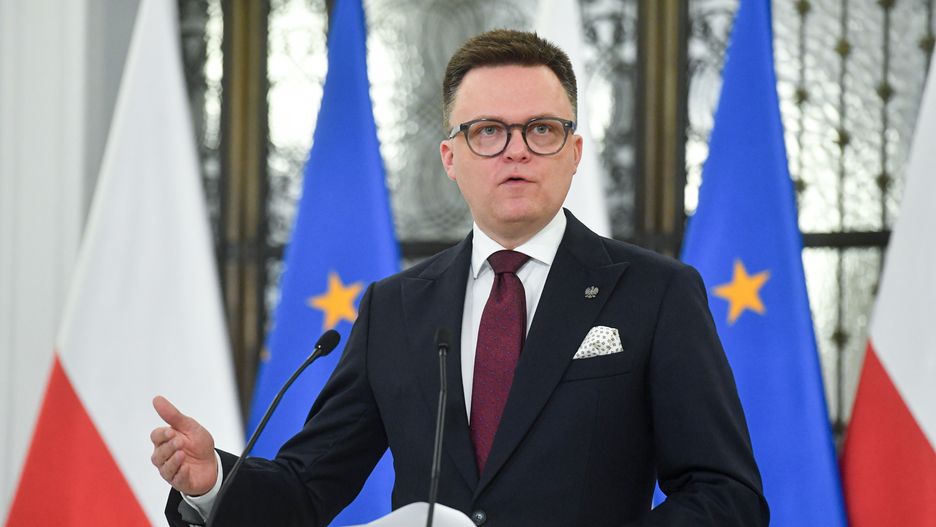 Warszawa, 20.03.2024. Marszałek Sejmu Szymon Hołownia podczas briefingu prasowego przed posiedzeniem izby w Warszawie, 20 bm. (amb) PAP/Piotr Nowak