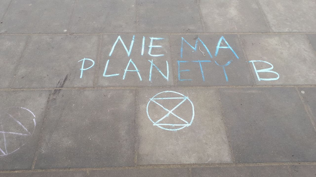 Warszawa. Extinction Rebelion protestuje przeciwko katastrofie klimatycznej. Uczestnicy malowali hasła na chodniku