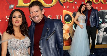 Wystylizowana na Kopciuszka Salma Hayek i Antonio Banderas w skórzanej kurtce pozują razem na ściance (ZDJĘCIA)