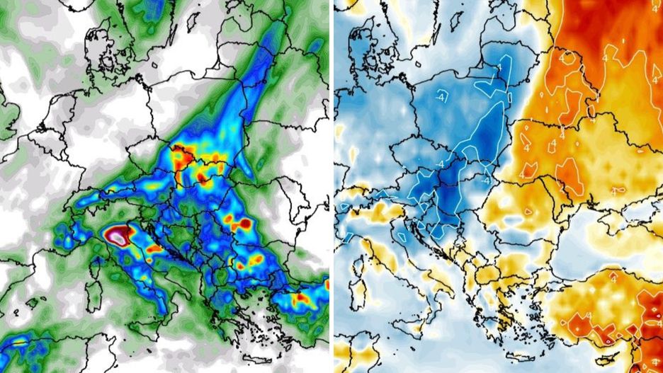 Pogoda. W środę na południowym wschodzie możliwe burze i deszcz (po lewej), a w nocy ze środy na czwartek możliwe przymrozki (po prawej)