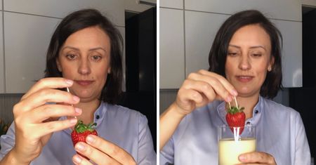 Wbijam w truskawki dwie wykałaczki, po czym zanurzam je w czekoladzie. Efekt końcowy zachwyci każdego