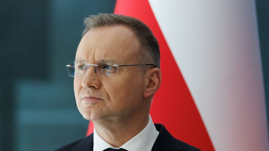 KRANJ, SLOVENIA - 2024/03/20: Polish president Andrzej Duda attends a press conference after he meets with Slovenian president Nataa Pirc Musar at the Brdo estate near Kranj. President of Poland, Andrzej Duda was on a two-day official visit to Slovenia, meeting the Slovenian heads of state, attending the FIS ski jumping finals in Planica and unveiling a statue of the Polish poet Adam Mickiewicz in Kranj. (Photo by Luka Dakskobler/SOPA Images/LightRocket via Getty Images)