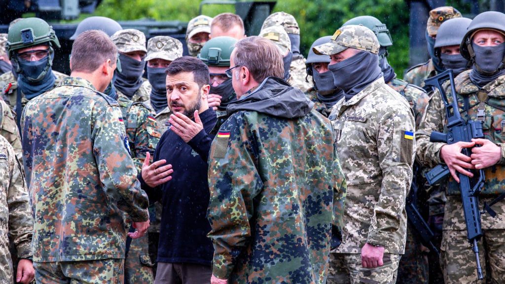 Berlin Hosts Ukraine Recovery Conference
MECKLENBURG, GERMANY - JUNE 11: Volodymyr Zelensky, President of Ukraine, is seen visiting the training of Ukrainian soldiers on the Patriot anti-aircraft missile system at a military training ground on June 11, 2024 in Mecklenburg, Germany. The international reconstruction conference for Ukraine will take place on 11 and 12 June  Zelensky is in Berlin to also attend the Ukrainian Recovery Conference. Germany is the second biggest donor of military aid to Ukraine. (Photo by Jens Büttner - Pool/Getty Images)
Pool