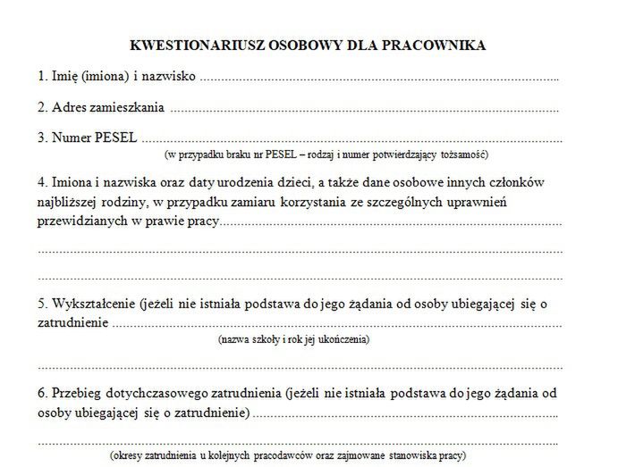 Wzór kwestionariusza osobowego do pobrania