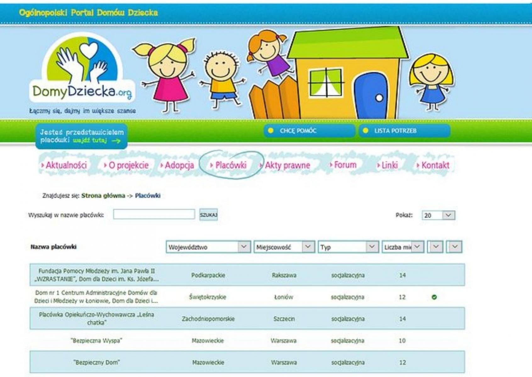 Na stronie można znaleźć adresy domów dziecka
