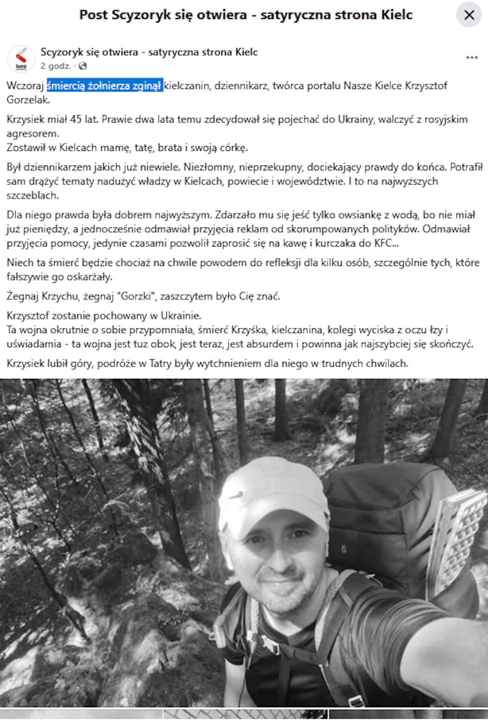 Post o śmierci dziennikarza.