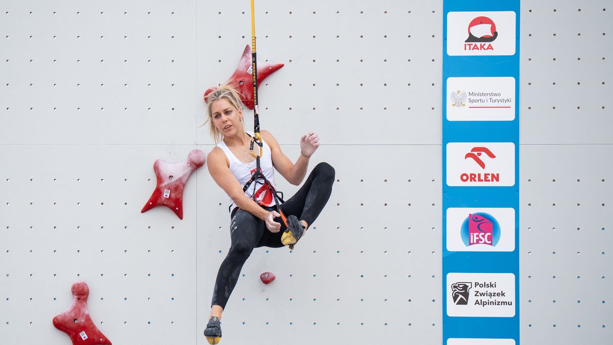 Aleksandra Miroslaw competes in the IFSC Speed Climbing World Cup at the Main Market Square in Krakow, Poland, on July 6, 2025. Day two features finals, a medal ceremony, and a press conference for the winners. (Photo by Marcin Golba/NurPhoto via Getty Images)