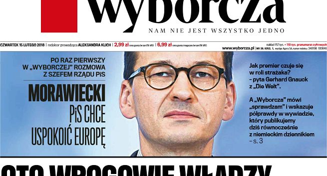 „Gazeta Wyborcza” z wywiadem z Mateuszem Morawieckim udzielonym „Die Welt”: żarty dziennikarzy, oburzenie rzeczniczki PiS