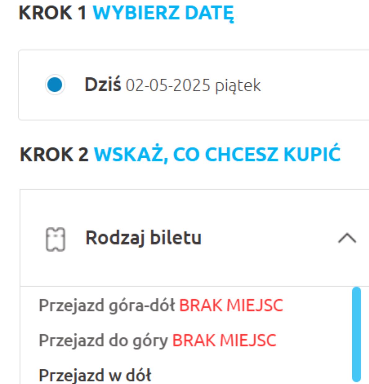 Na 2 maja wyprzedały się wszystkie bilety na przejazd góra-dół