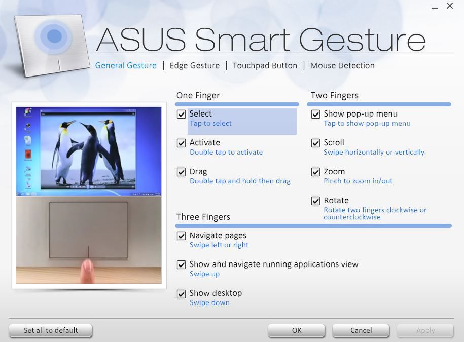 Asus Smart Gesture - panel sterowania