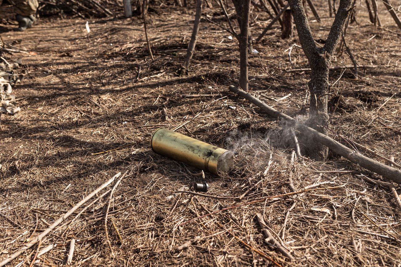 DONETSK OBLAST, UKRAINE - MARCH 04: Remains of an explosive charge is seen as the war between Russia and Ukraine has been going on for the last two years, in the direction of Bakhmut, Donetsk Oblast, Ukraine on March 04, 2024. (Photo by Diego Herrera Carcedo/Anadolu via Getty Images)