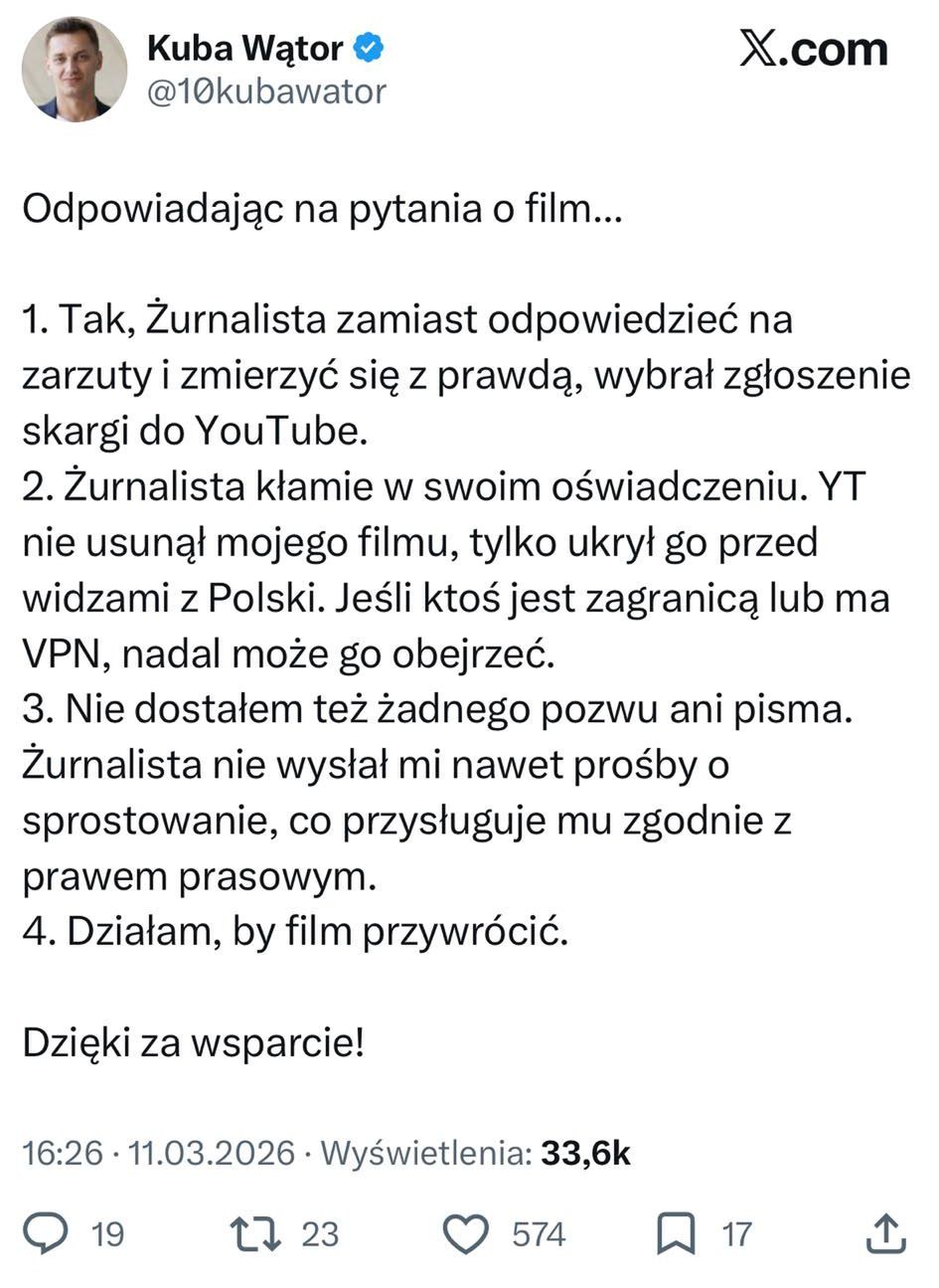 Kuba Wątor odpowiada na oświadczenie Żurnalisty