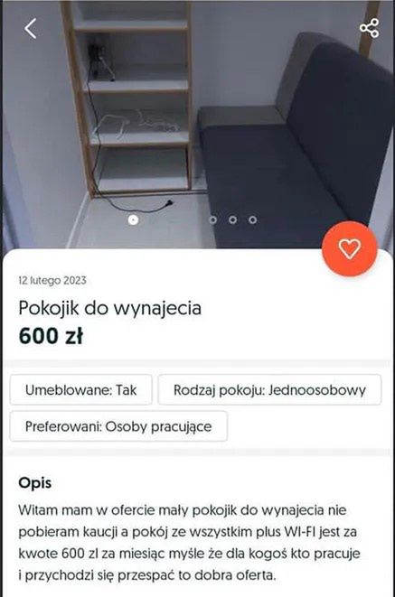 Screen oferty pokoju do wynajęcia w szafie