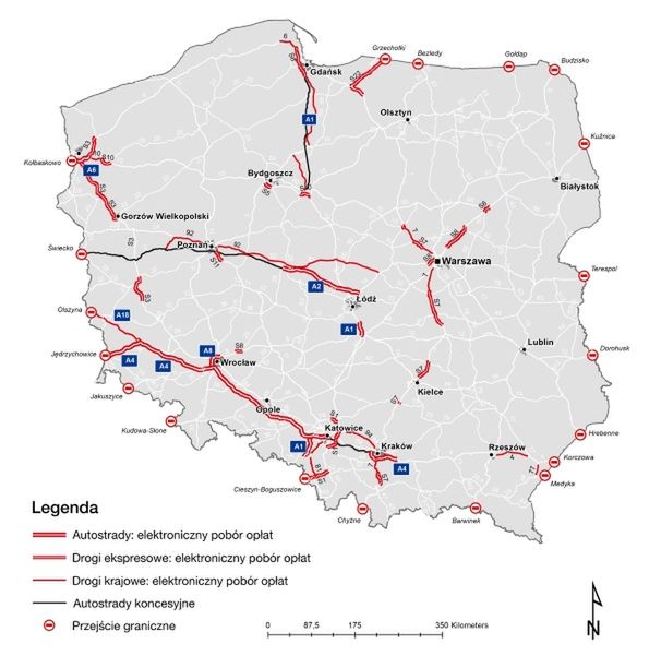 Mapa odcinków poboru opłat. Stan na 1 lipca 2012 (źródło www.viatoll.pl)