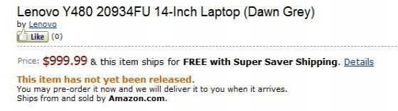 Lenovo IdeaPad Y480 notebook amazon preorder pre-order