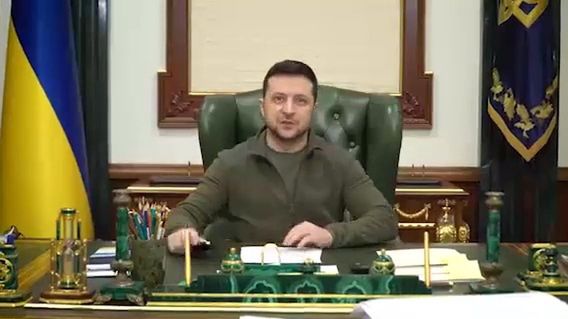 KYIV, UKRAINE - MARCH 8: (----EDITORIAL USE ONLY â MANDATORY CREDIT - "UKRAINIAN PRESIDENCY / HANDOUT" - NO MARKETING NO ADVERTISING CAMPAIGNS - DISTRIBUTED AS A SERVICE TO CLIENTS----) Ukrainian President Volodymyr Zelenskyy addresses citizens at presidential office in Kyiv, Ukraine on March 08, 2022. (Photo by Ukrainian Presidency/Handout/Anadolu Agency via Getty Images)