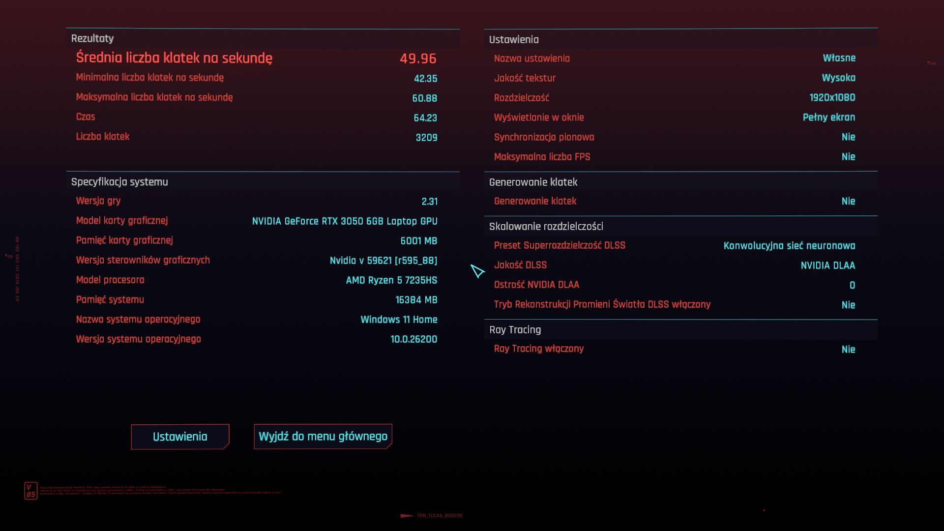 Wydajność LOQ-15 w Cyberpunku 2077 w wysokich detalach.