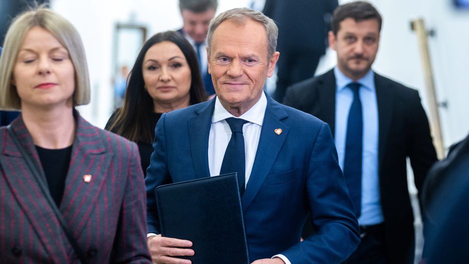 Donald Tusk, the leader of the Civic Coalition, is speaking during a press conference in Warsaw, Poland, on November 21, 2023. (Photo by Andrzej Iwanczuk/NurPhoto via Getty Images)